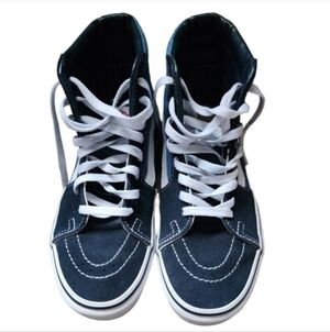 Dark Blue and White High Top Vans Sneakers